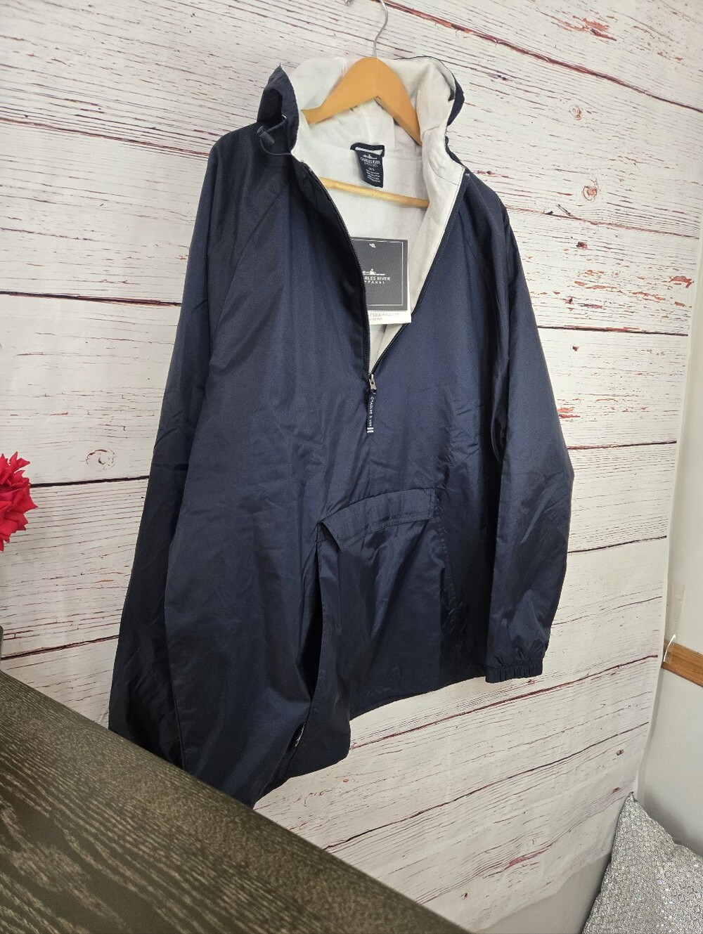 NWTCharles River Apparel Classic Pullover Rain Jacket Windbreaker XL  Navy Hoode - Picture 3 of 16